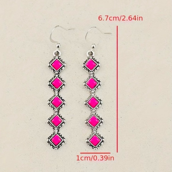 🆕 New Silver & Pink Geometric Drop Boho Earrings - Picture 8 of 8